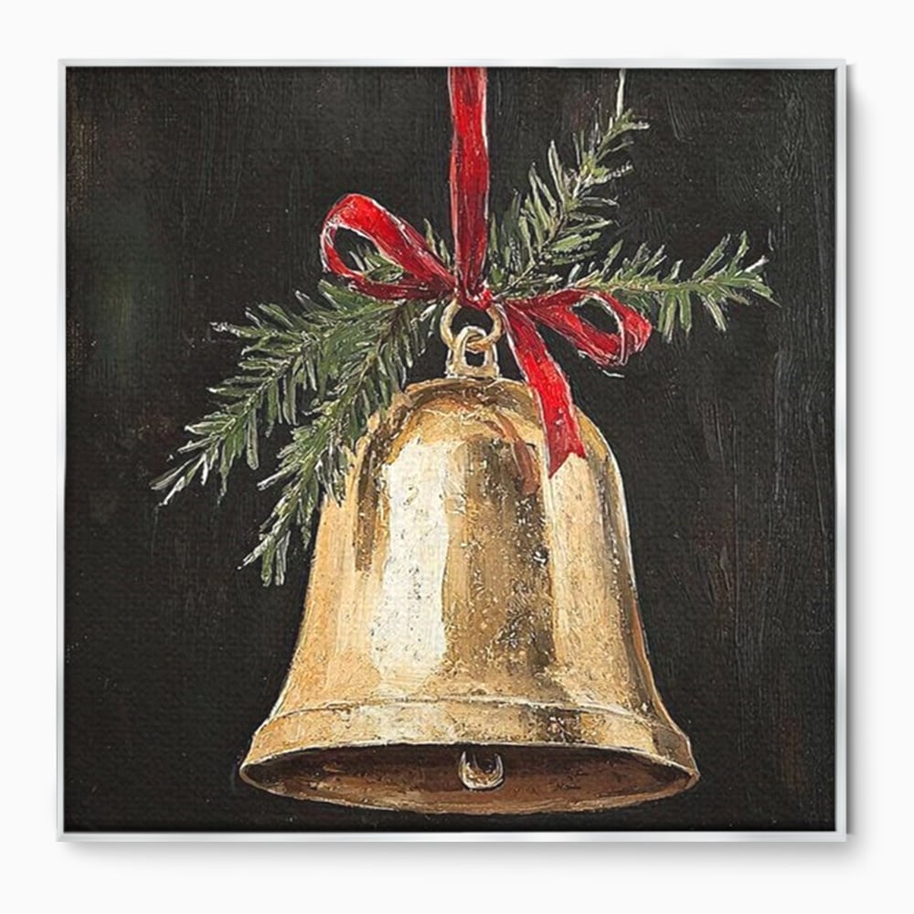 Tablou canvas cu tablou patrat cu clopotel auriu si brad, in rama de aluminiu argintiu